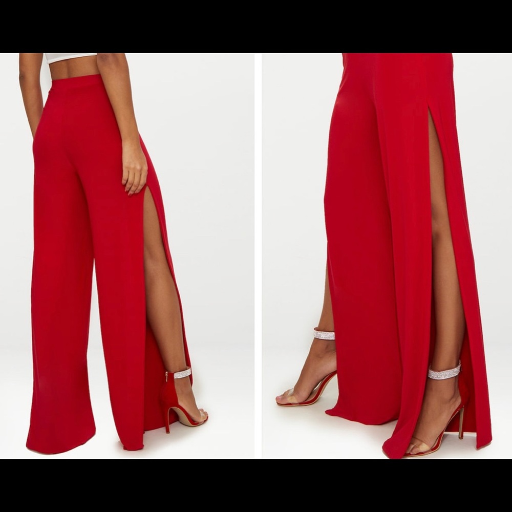 Red Split Leg Slinky Pants